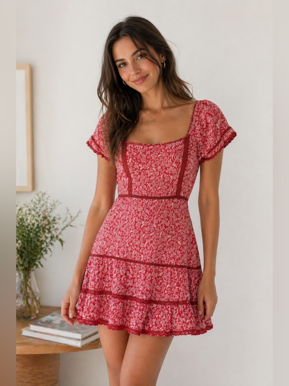 American Eagle Fit and Flare Lace Trim Dress Bohemian Cottagecore Red Floral M